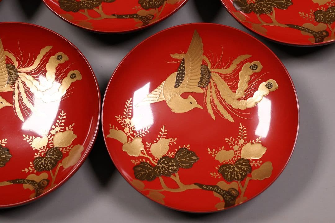 【CM243】時代木製漆器 桐鳳凰・菊 金蒔絵 朱塗 引盃 五客 木製漆器 小皿