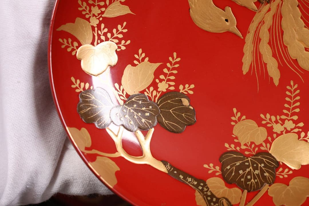 【CM243】時代木製漆器 桐鳳凰・菊 金蒔絵 朱塗 引盃 五客 木製漆器 小皿