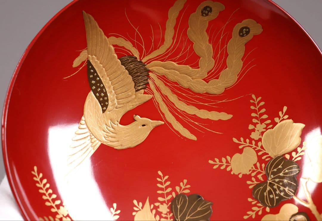 【CM243】時代木製漆器 桐鳳凰・菊 金蒔絵 朱塗 引盃 五客 木製漆器 小皿