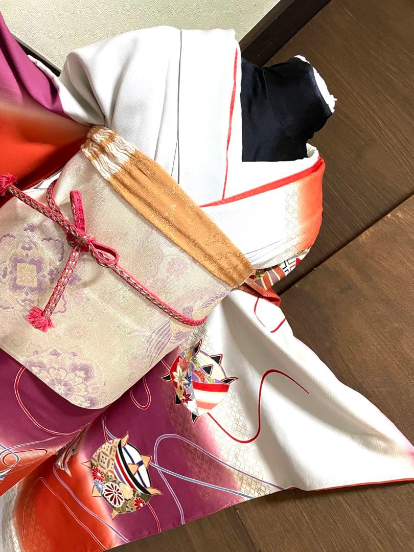 振袖フルセット6点サイズＬ糸巻文　暈し染め　金彩　正絹