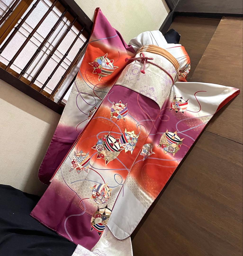 振袖フルセット6点サイズＬ糸巻文　暈し染め　金彩　正絹