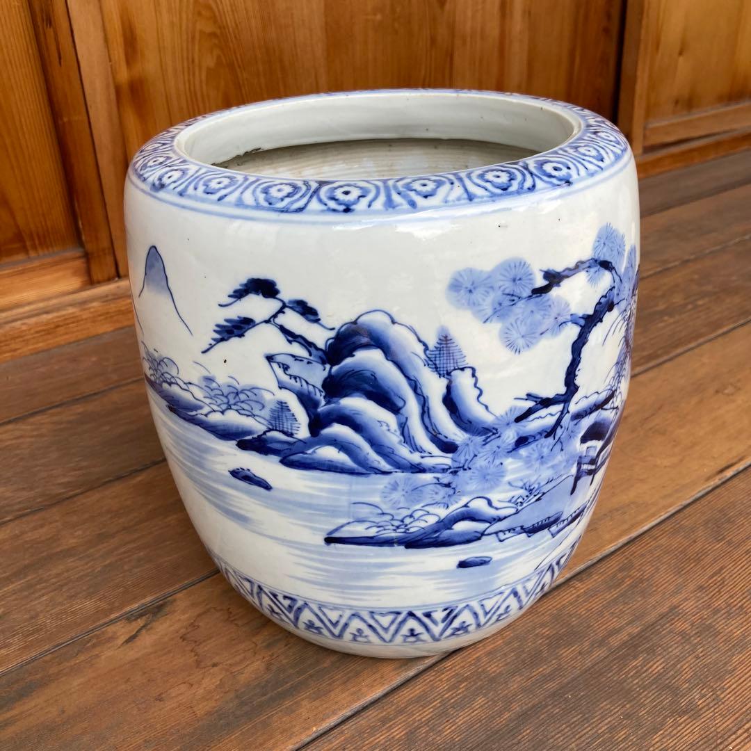 染付　レトロ　アンティーク　火鉢　陶磁器　古民具　希少　金魚鉢　手作り　昭和