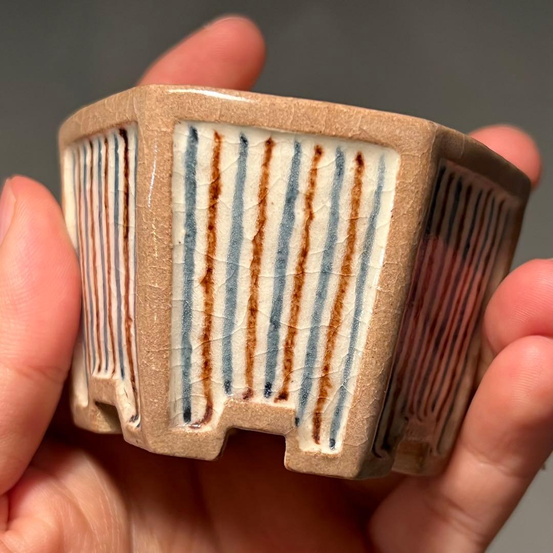 685.山石 額入六角鉢 盆栽鉢 植木鉢 6.7*7.5*4.9cm