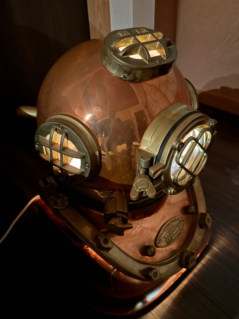 アメリカ海軍省潜水ヘルメット 銅と真鍮製　レトロ　台共 幅38x奧42x高47c
