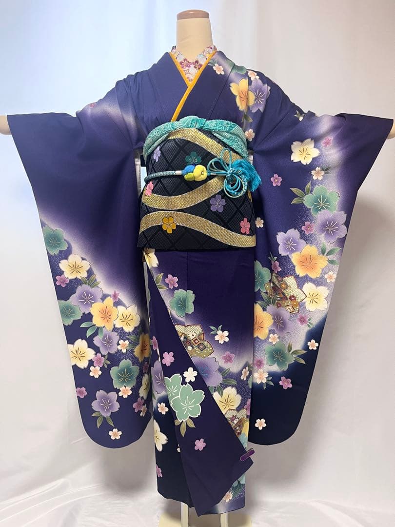 【美おり】振袖 正絹 振袖フルセット 7点セット 成人式 桜文様 くすみブルー