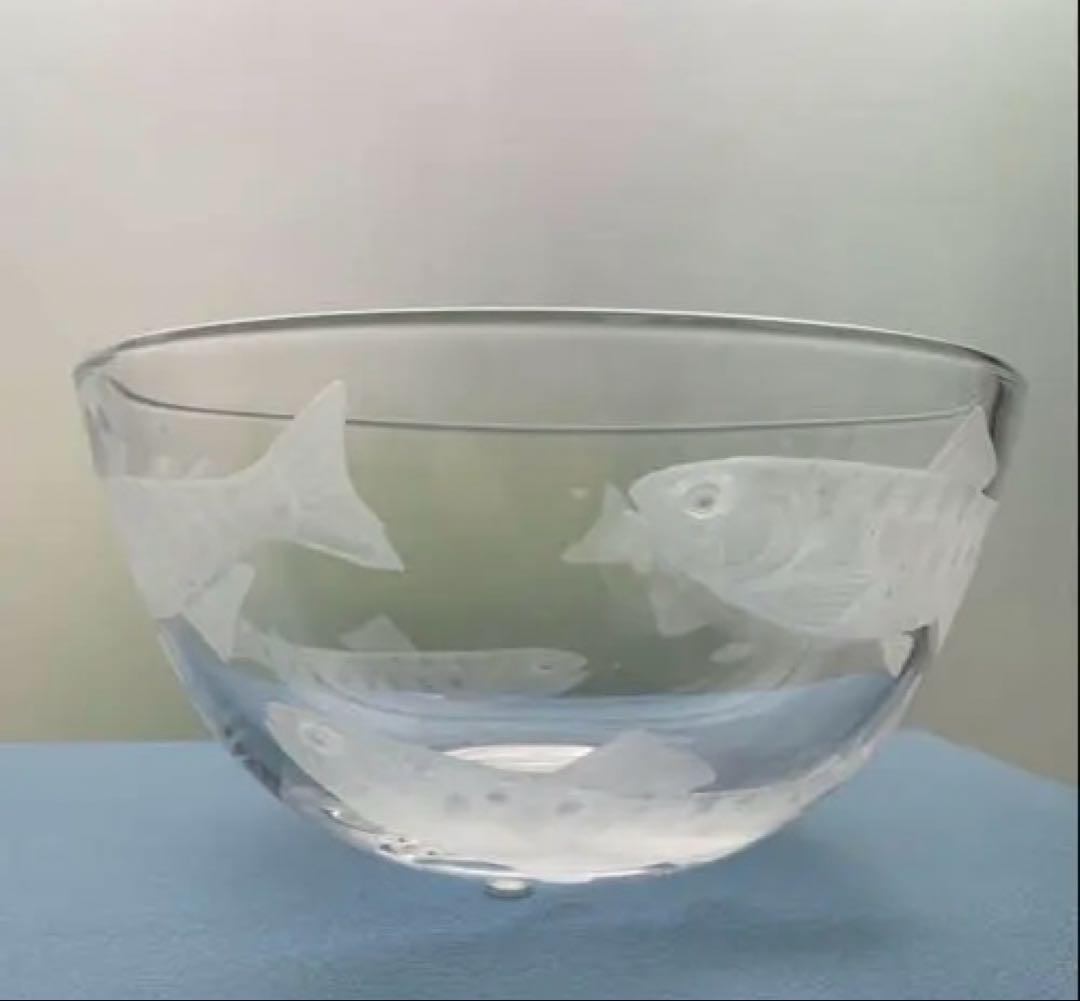【彫刻部分は作家手作り】 ヤマメ鉢　魚エッチング ガラスボウル