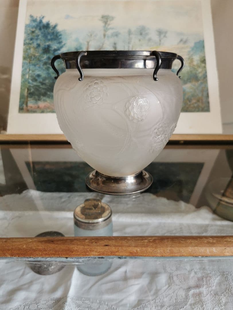 アンティーク ラリック 特注シルバー装飾台座＆口縁付 西洋花梨紋 ガラス大型花器