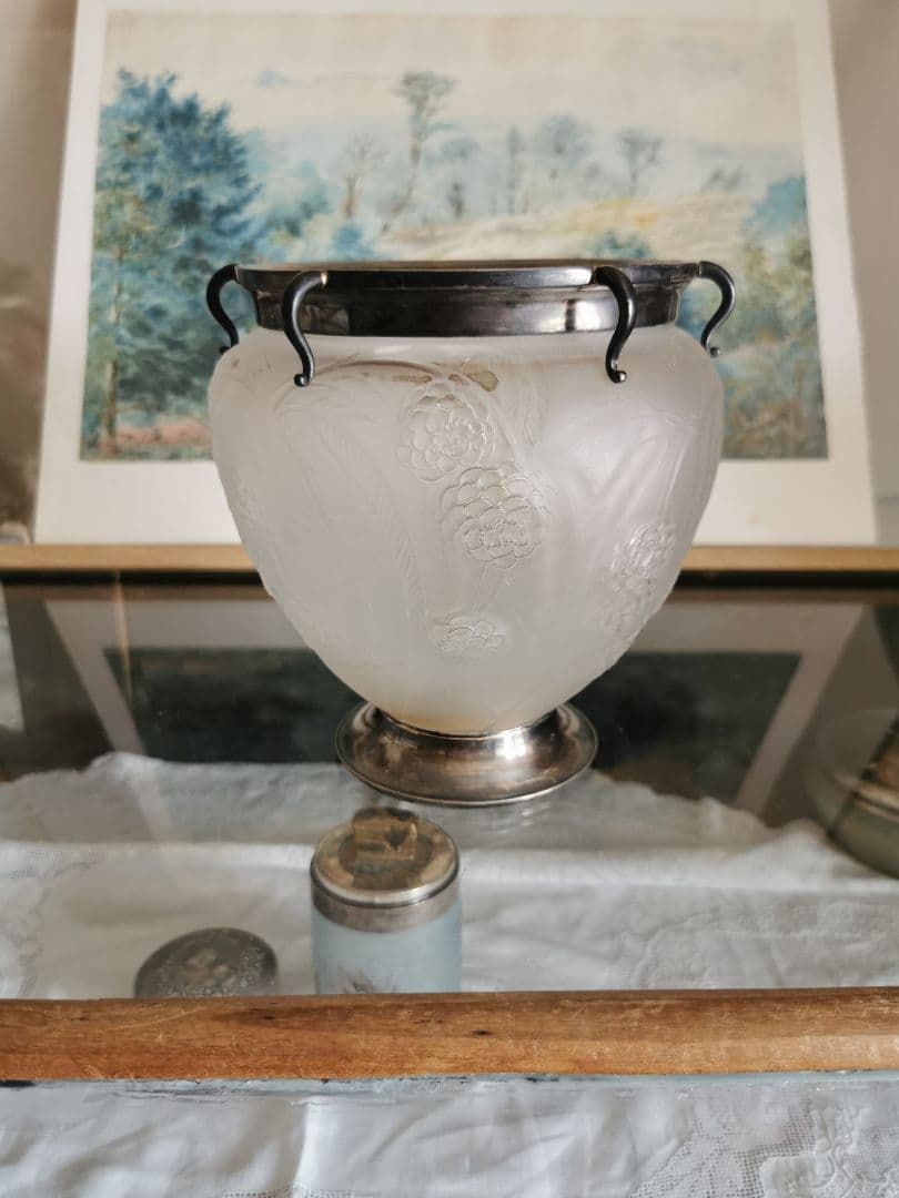 アンティーク ラリック 特注シルバー装飾台座＆口縁付 西洋花梨紋 ガラス大型花器