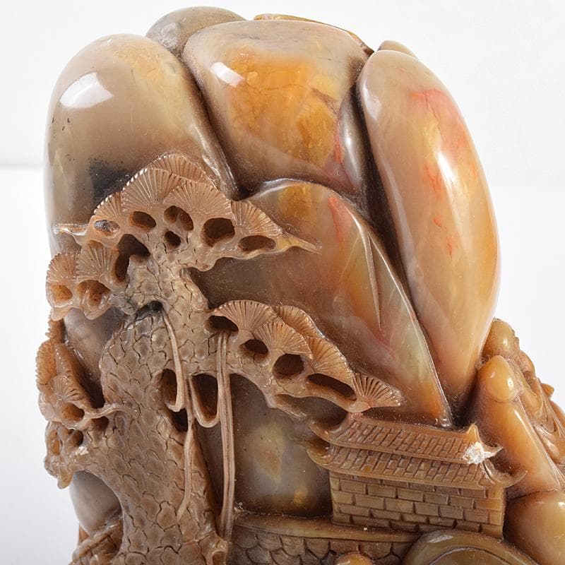 中国　玉石彫刻　山水人物刻　床飾　置物　在銘　唐木台付　K　R7727