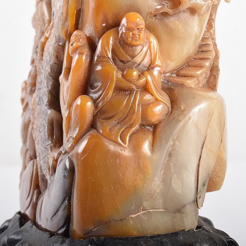 中国　玉石彫刻　山水人物刻　床飾　置物　在銘　唐木台付　K　R7727