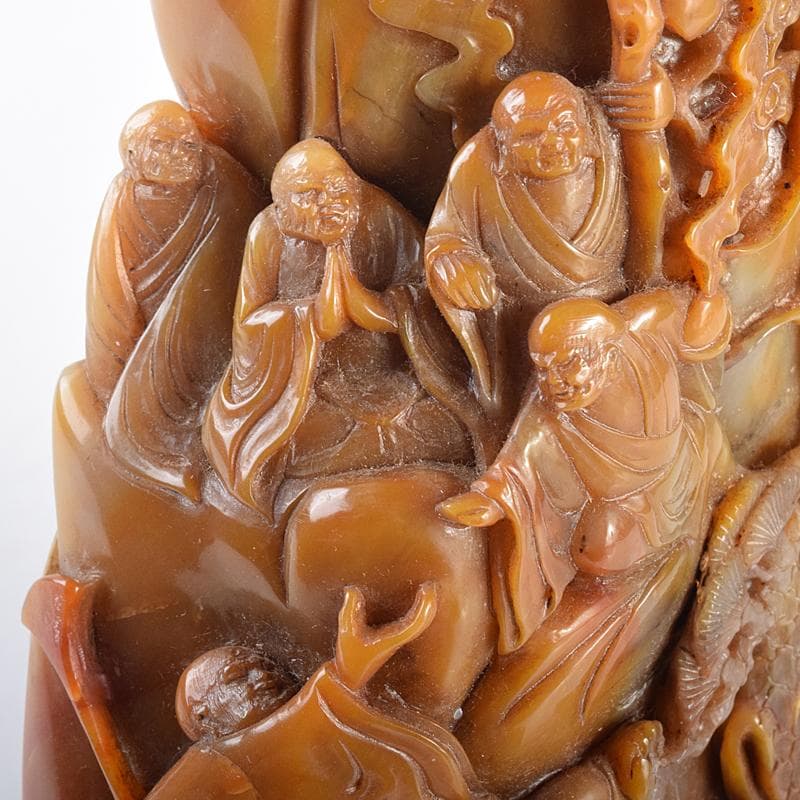 中国　玉石彫刻　山水人物刻　床飾　置物　在銘　唐木台付　K　R7727