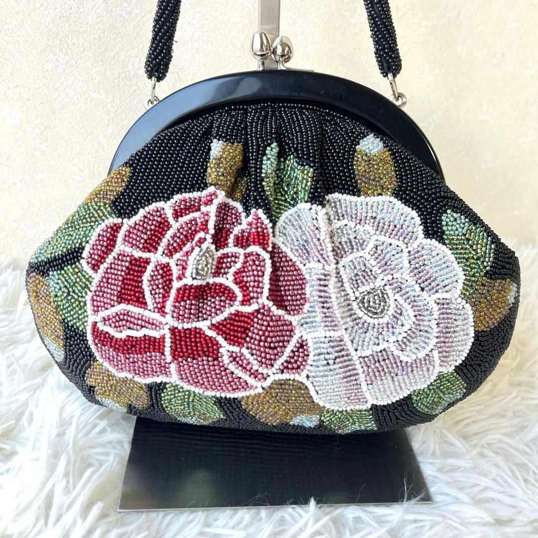 ビーズバッグ　和装バッグ　和装小物　花柄　美品　がま口