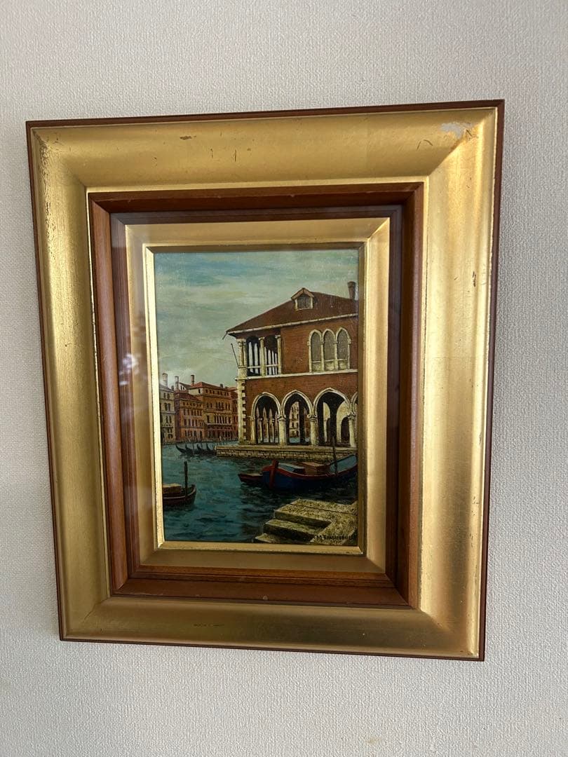 玉之内満雄[ベニス] ヴェネツィアの風景 油彩画 金色フレーム