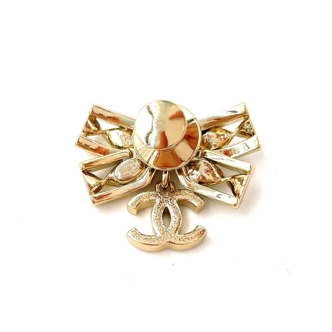 ✨️新品級✨️ シャネル ココマーク リボン ラインストーン ブローチ ゴールド