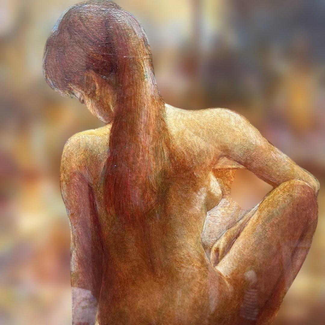 串田都美雄　油彩人物画 暖色系 木製フレーム