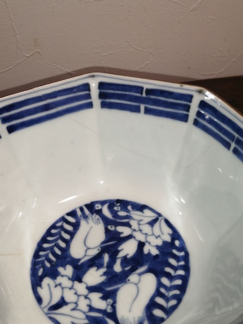 江戸時代 古伊万里 染付 花鳥文様 八角鉢