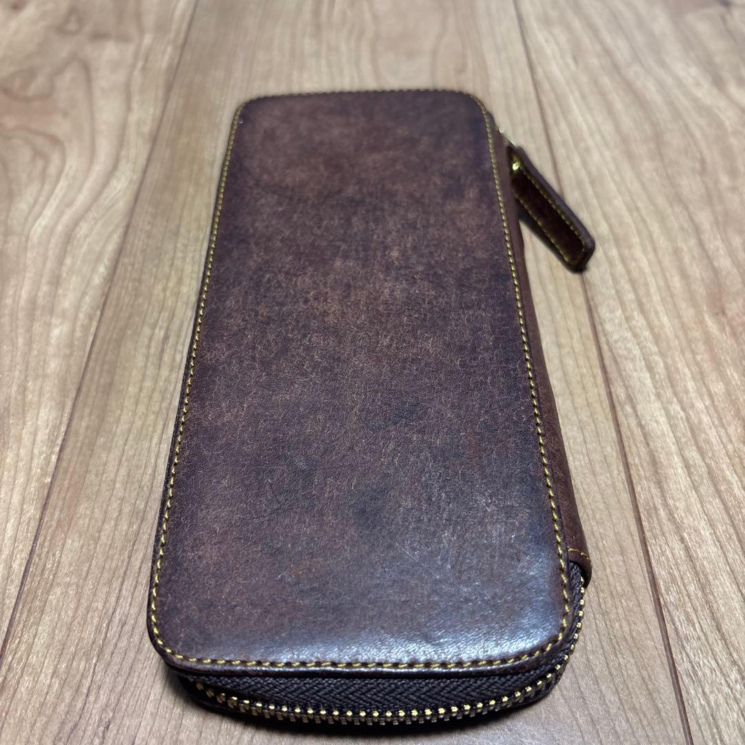 美品　バハギア　ペンケース　ラウンドジップ型　プエブロ　タバコ