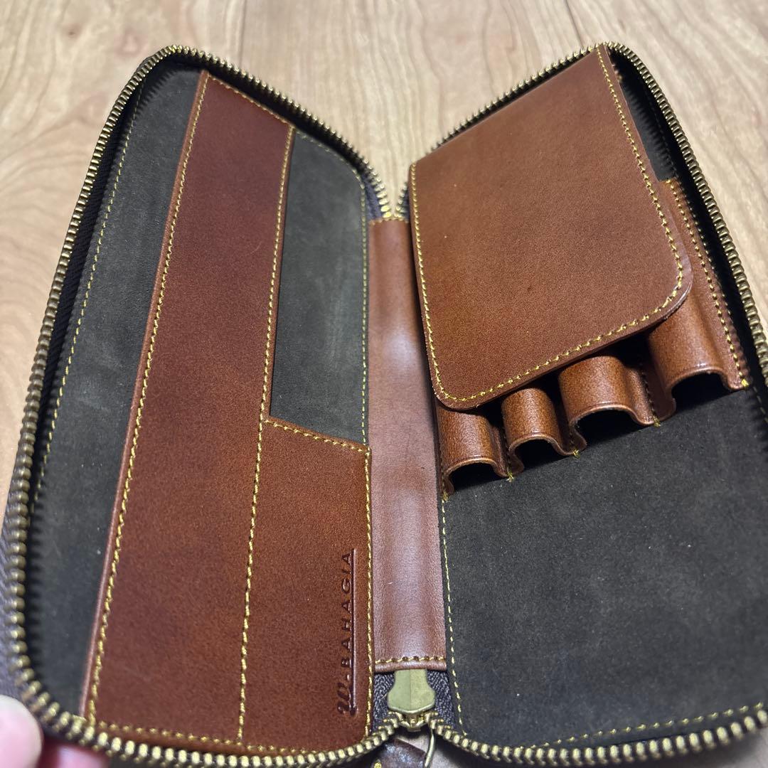 美品　バハギア　ペンケース　ラウンドジップ型　プエブロ　タバコ