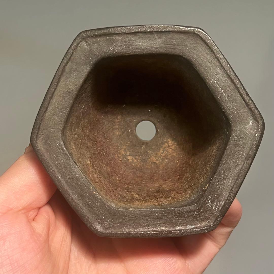 766.岸波秋 紫泥漢詩六角 盆栽鉢 植木鉢 8.5*7.8*5.2cm