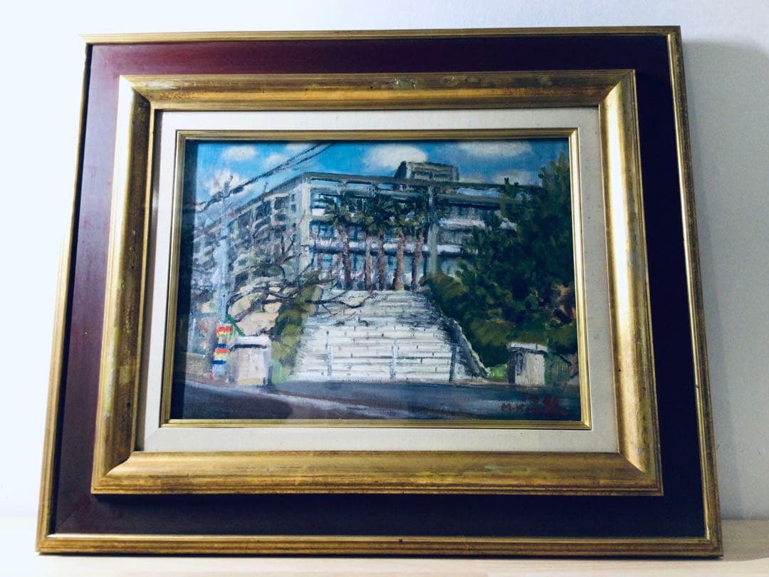 ◉真作保証◉小松益喜〓旧神戸外国語大学六甲楠丘ケ丘学舎正門前風景◉油彩F4号額装