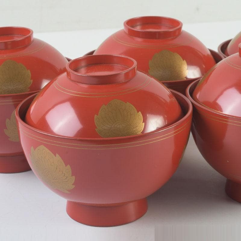 和食器　時代漆器　塗師　長野横笛作　金襴手花蒔絵　吸物椀　五客　共箱　C9788