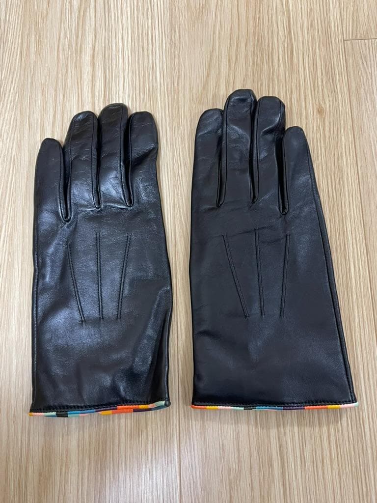 【未使用】ポールスミス 手袋 羊革 カシミヤ マルチストライプ 黒 24cm