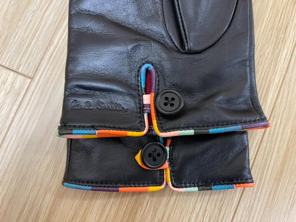 【未使用】ポールスミス 手袋 羊革 カシミヤ マルチストライプ 黒 24cm