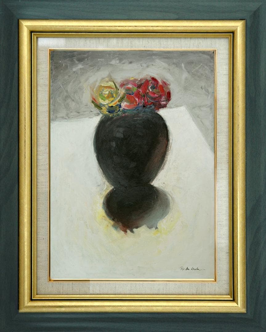 油絵 菅家令子 絵 絵画インテリア額付(青緑＋金色の枠)uF6-071002ばら