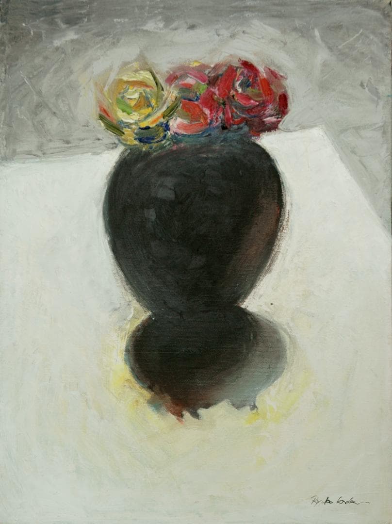 油絵 菅家令子 絵 絵画インテリア額付(青緑＋金色の枠)uF6-071002ばら