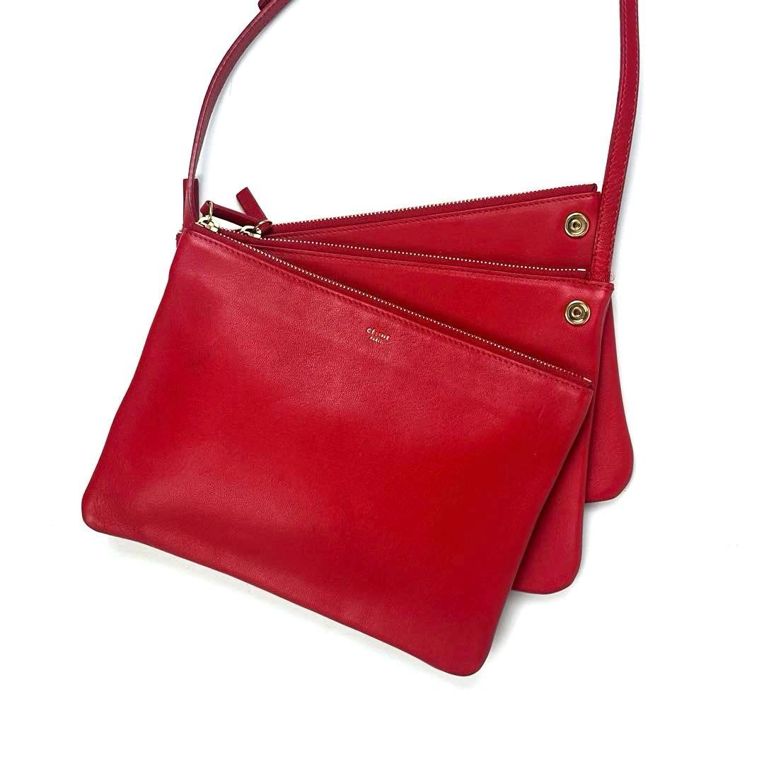 【美品】セリーヌ　ショルダーバッグ　トリオ　ゴールド金具　レザー　レッド