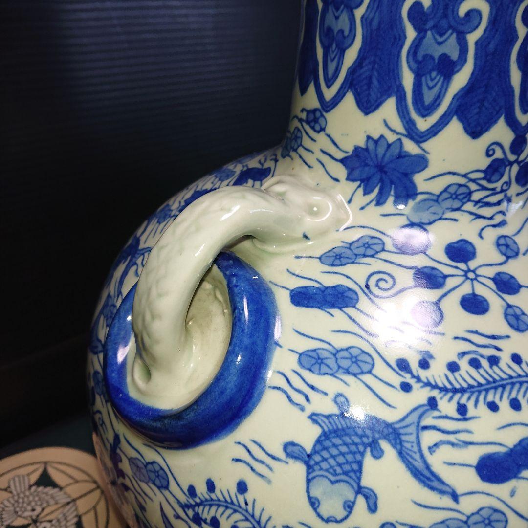 時代物、染付、魚藻紋壺、花瓶