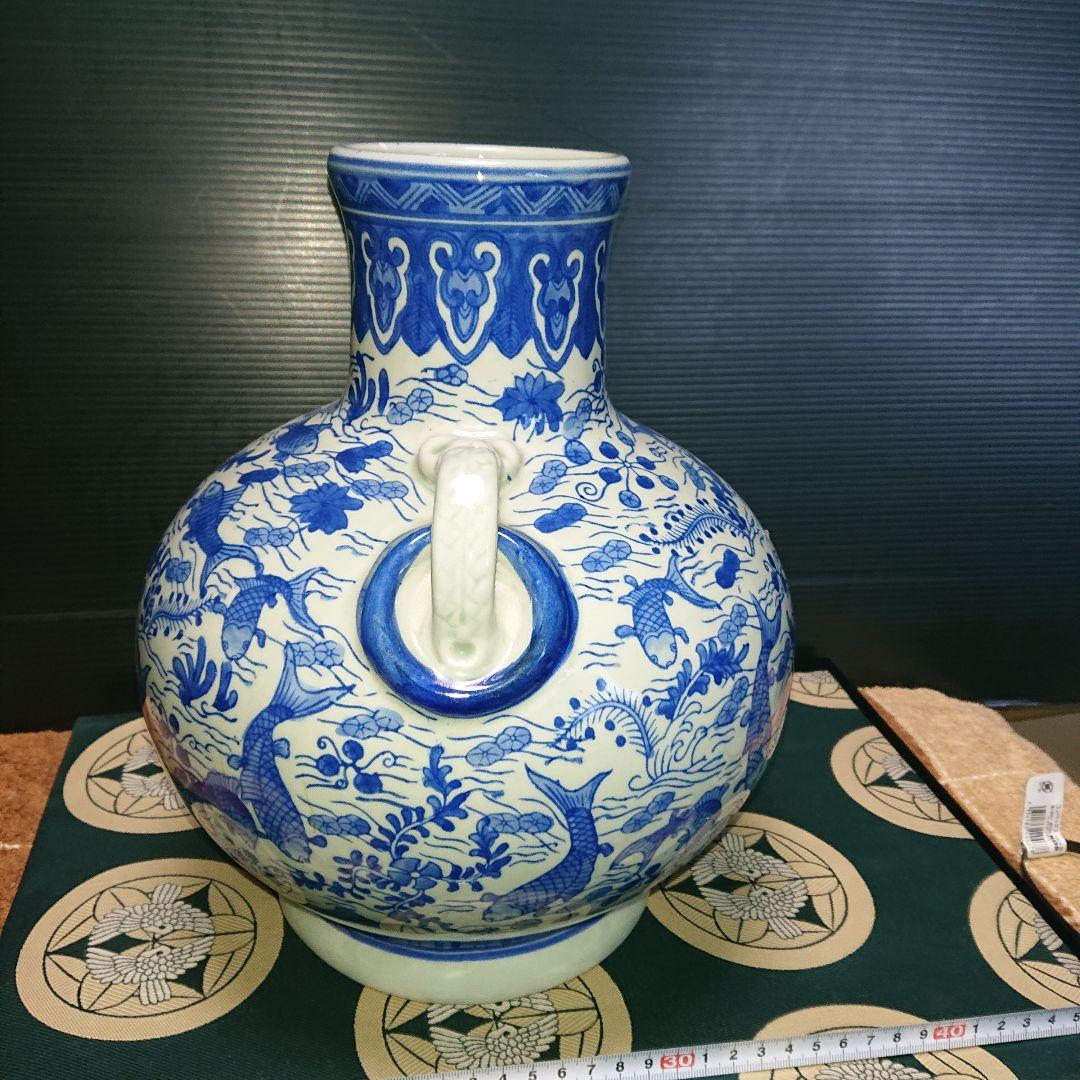 時代物、染付、魚藻紋壺、花瓶