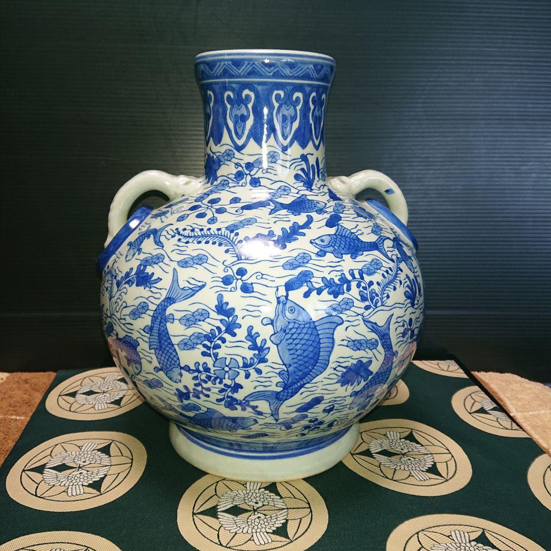 時代物、染付、魚藻紋壺、花瓶