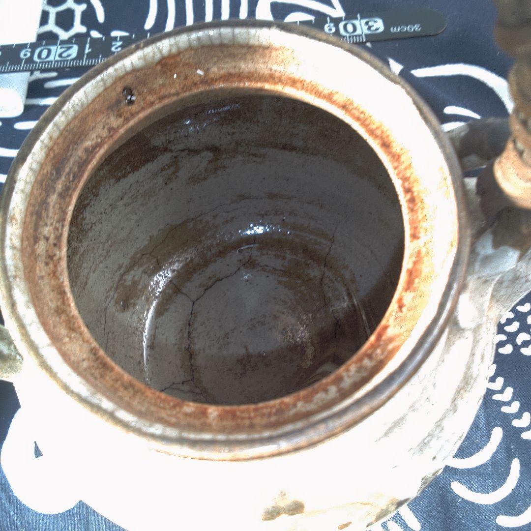 骨董２手作り陶器急須 籐ハンドル付き 水漏れあります