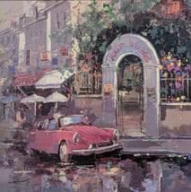 【真作】複製画　欧州風景画　赤いクラシックカーと街角の門　パリ風情　X54