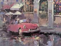 【真作】複製画　欧州風景画　赤いクラシックカーと街角の門　パリ風情　X54