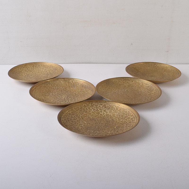 時代金工　印度製　黄銅　苺唐草文　槌出　皿　五客　時代箱　V　R8304