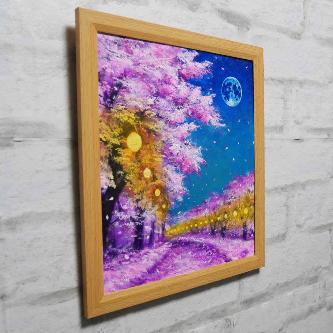 油絵 油彩 油彩画 絵 絵画【夜桜と青い満月】