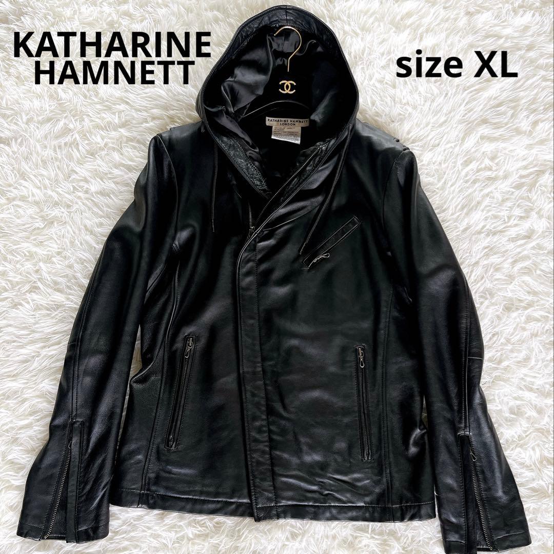【キャサリンハムネットロンドン】シングルライダース フード 羊革 黒 XL