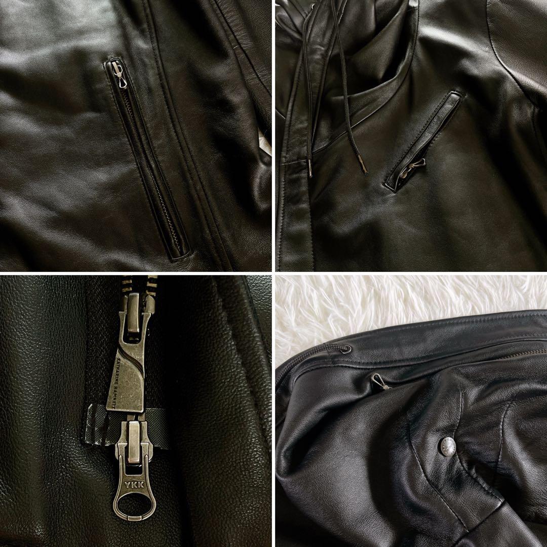 【キャサリンハムネットロンドン】シングルライダース フード 羊革 黒 XL