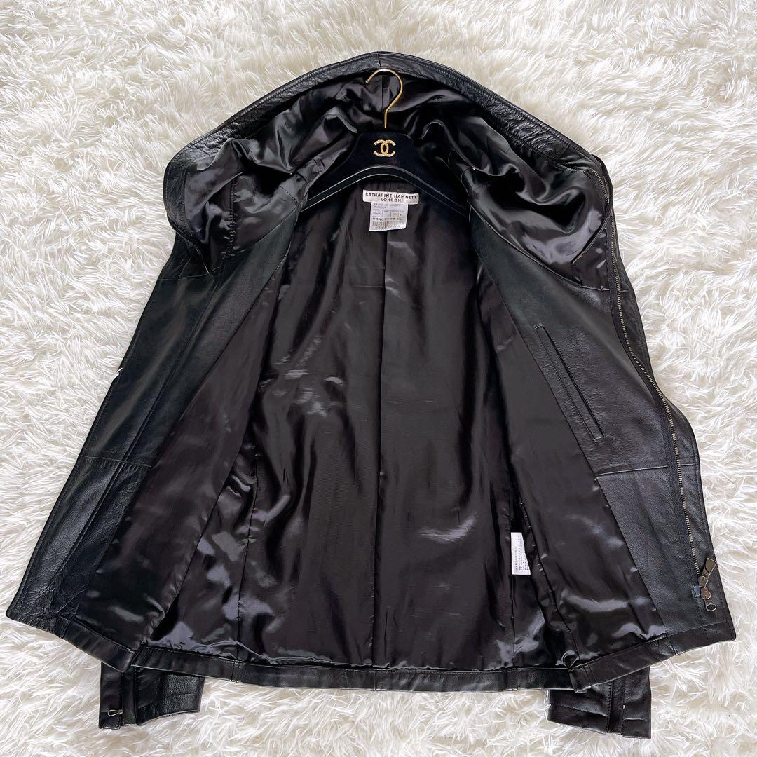 【キャサリンハムネットロンドン】シングルライダース フード 羊革 黒 XL