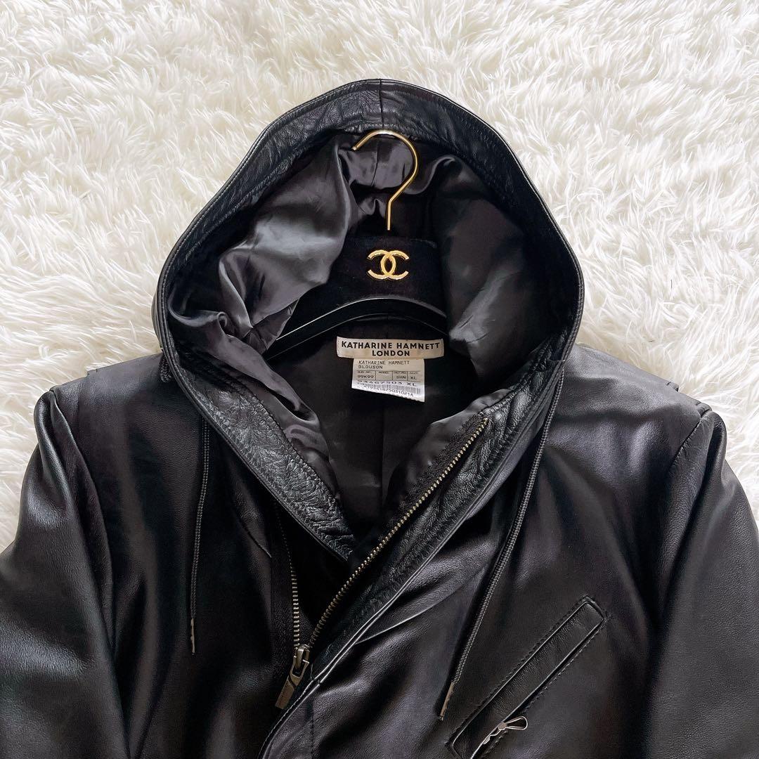 【キャサリンハムネットロンドン】シングルライダース フード 羊革 黒 XL
