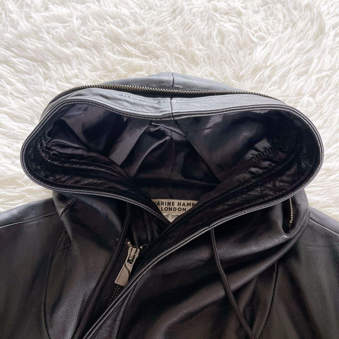 【キャサリンハムネットロンドン】シングルライダース フード 羊革 黒 XL