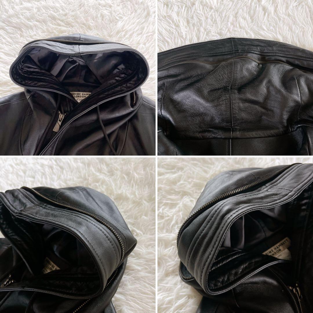 【キャサリンハムネットロンドン】シングルライダース フード 羊革 黒 XL