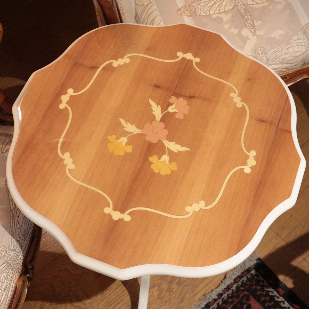 ティーテーブル イタリア ホワイト＆ナチュラル 象嵌 カフェテーブル