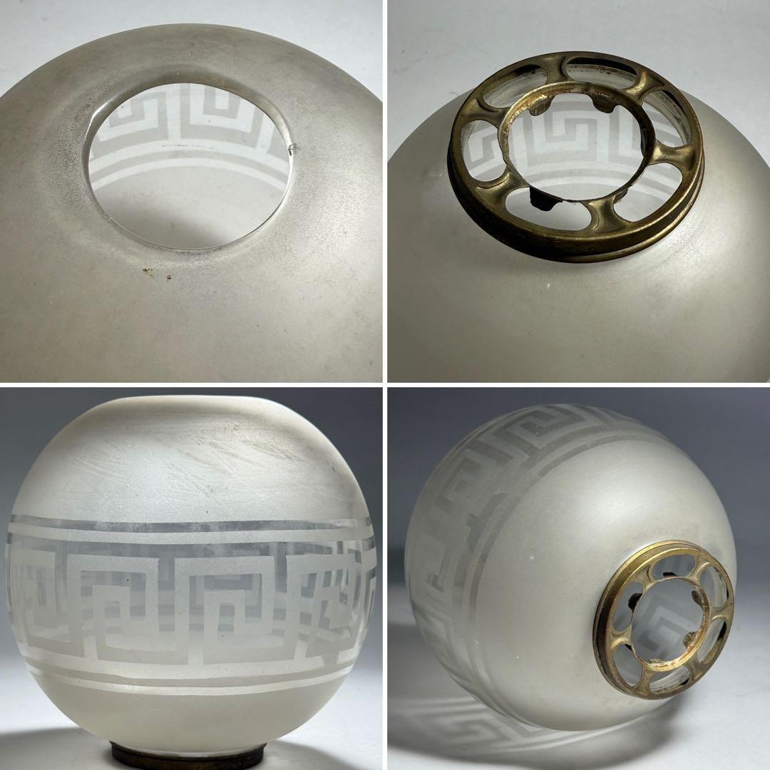 ◆希少 置きランプ 雷文擦り硝子火屋 ガラス絵乳白硝子オイル壺 明治時代◆