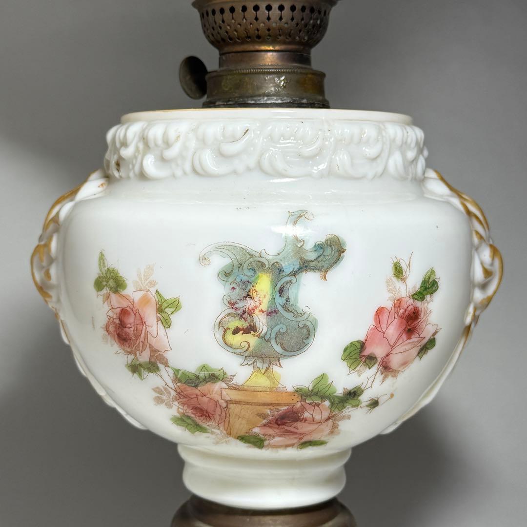 ◆希少 置きランプ 雷文擦り硝子火屋 ガラス絵乳白硝子オイル壺 明治時代◆