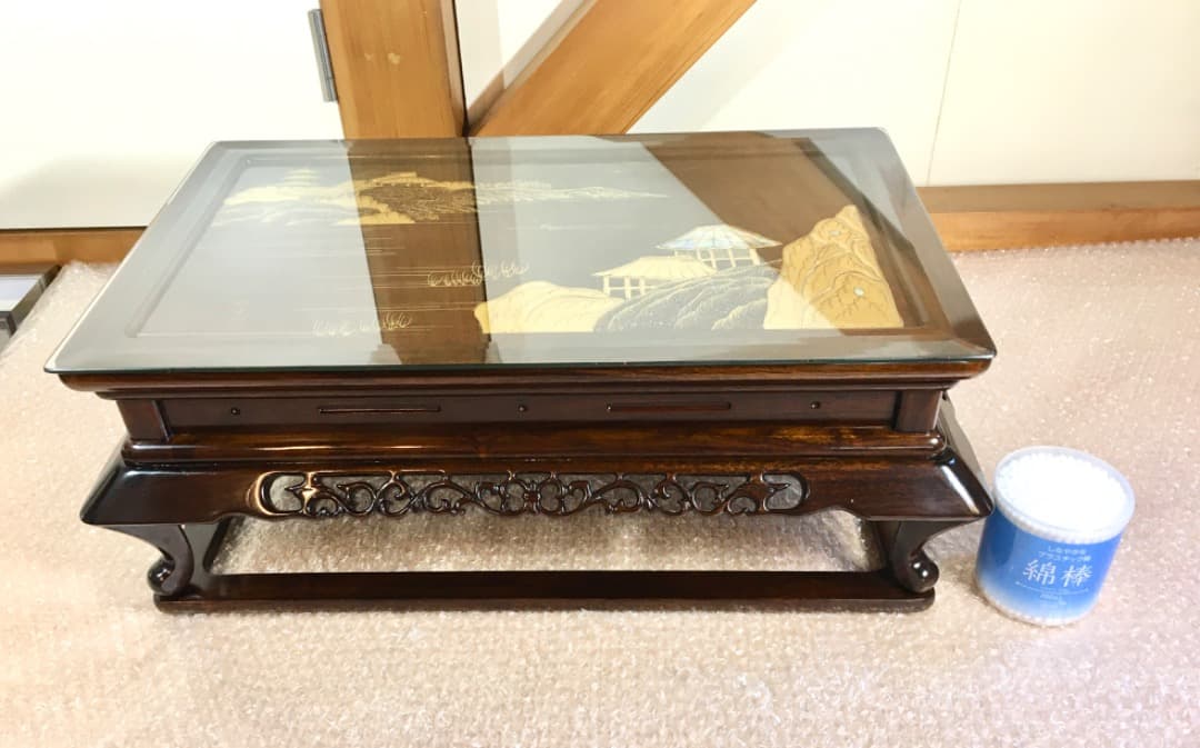 【勝峰作】花台 飾り台 螺鈿細工 金彩蒔絵 机 ガラス付属 ①