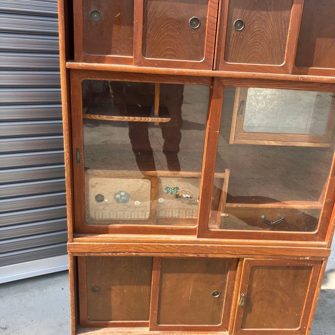 昭和レトロ 無垢材 木製 茶箪笥 茶棚 ガラス戸 サイドボード 古家具 古民家