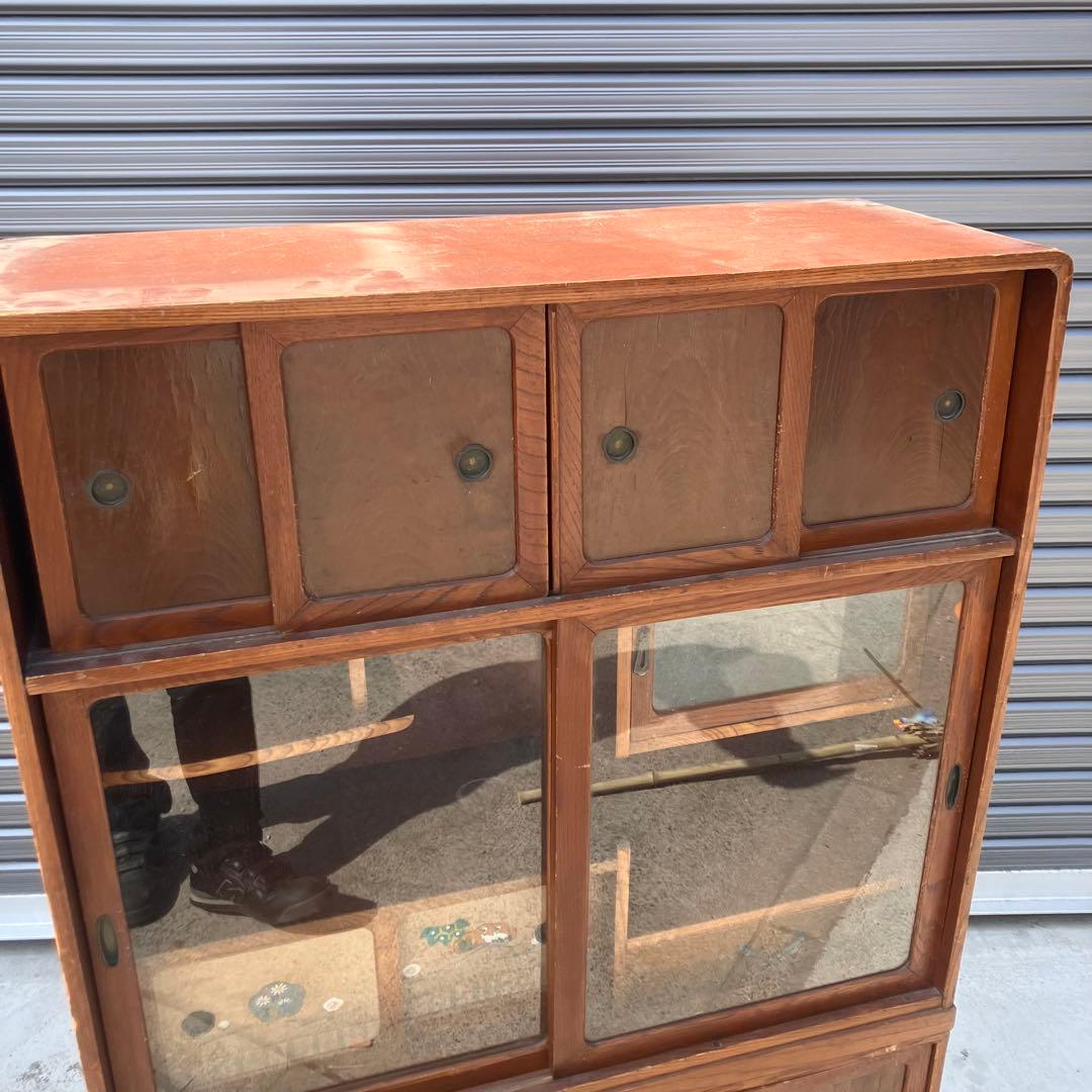 昭和レトロ 無垢材 木製 茶箪笥 茶棚 ガラス戸 サイドボード 古家具 古民家